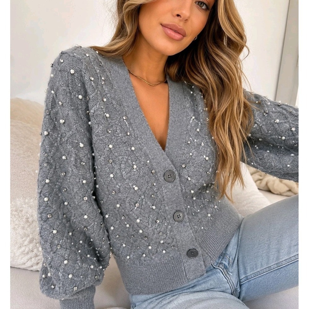 Express Pearl Rhinestone Cable Knit Cardigan Gray L NWT $148 Stretch